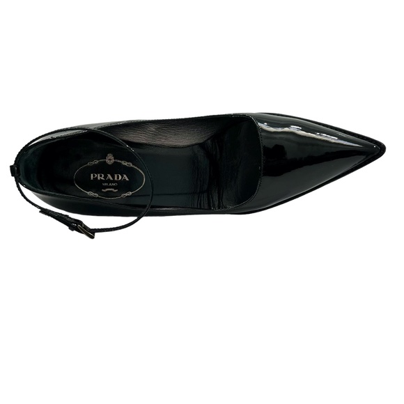 PRADA BLACK PATENT LEATHER POINTED TOE ANKLE STRAP PLATFORM STILETTO HEELS - Picture 5 of 16